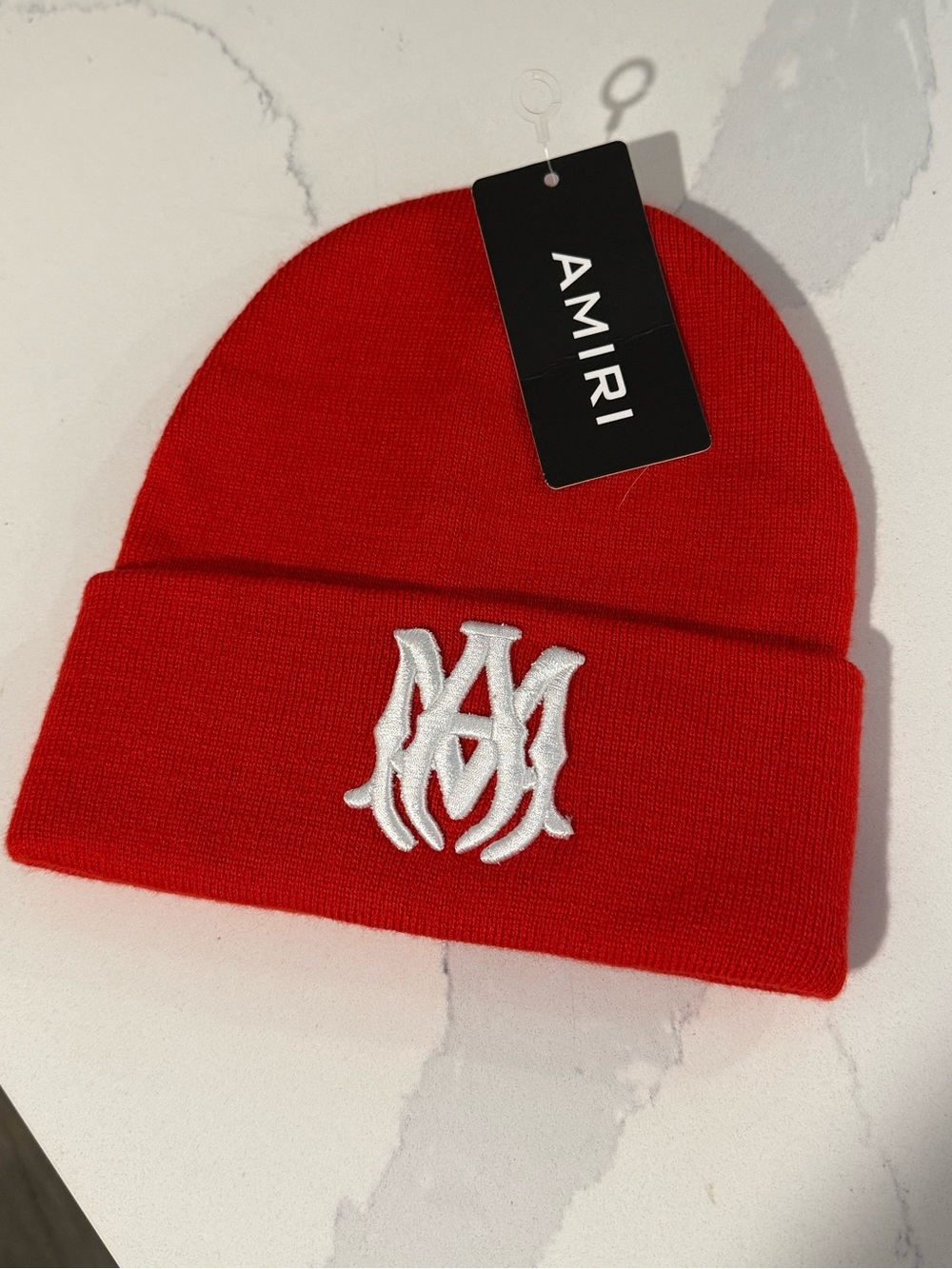 AMIRI Red Knit Beanie with White Signature Logo